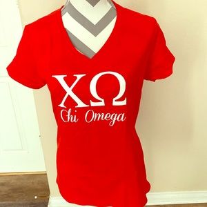 CHI OMEGA, sz M, red short sl.  New shirt
